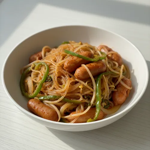 鶏むね肉ソーセージと糸こんにゃくの炒め麺
