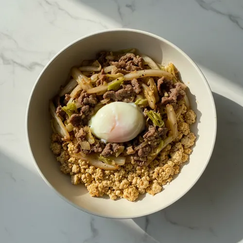 豆腐キャベツ牛バラ薄切り肉のっけご飯