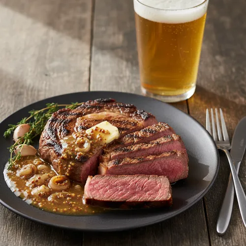 シェフのリバイステーキとビール粒マスタードパンソース