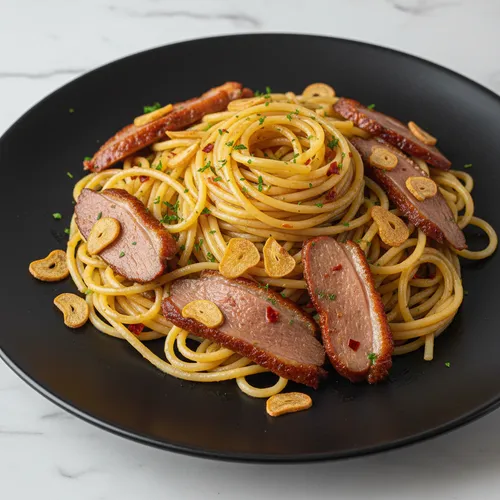鴨の燻製アーリオ・オーリオ・パスタ