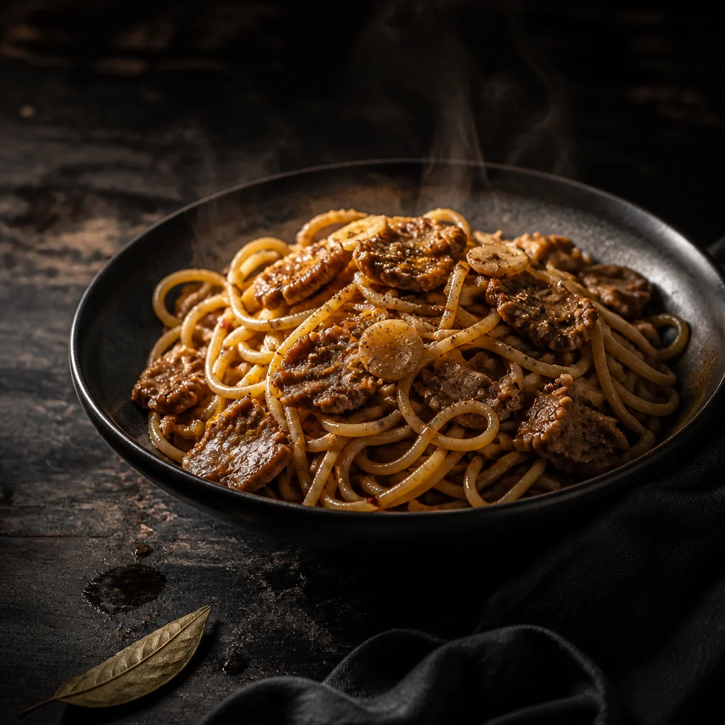 牛バラ薄切り肉のパスタ