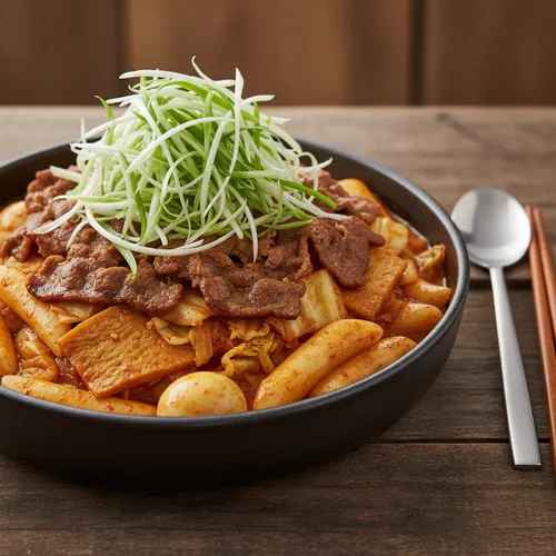 牛バラ薄切り肉と白髪ねぎのトッポッキ（濃厚な骨スープ仕立て）
