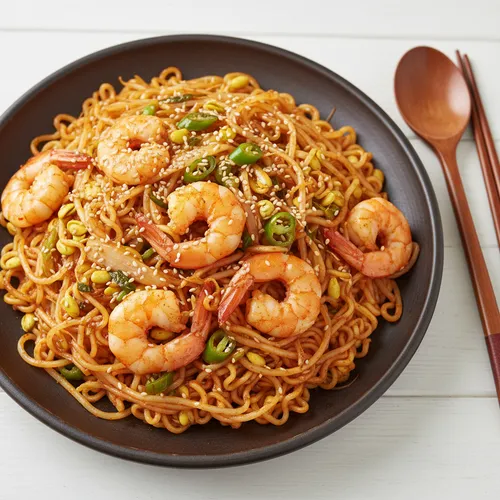 ラーメン麺入りエビと大豆もやしの蒸し炒め