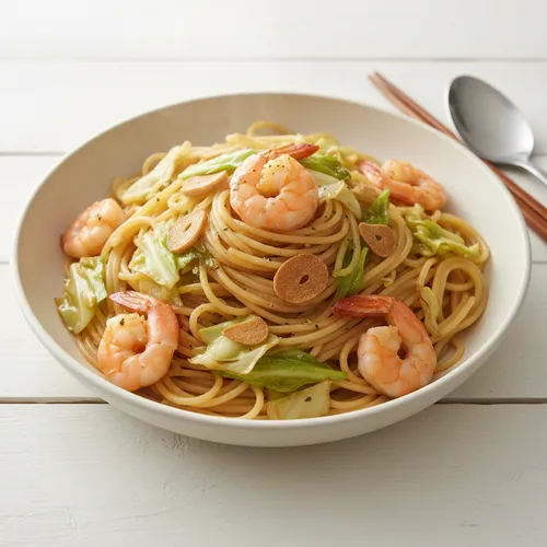 キャベツとエビのパスタ