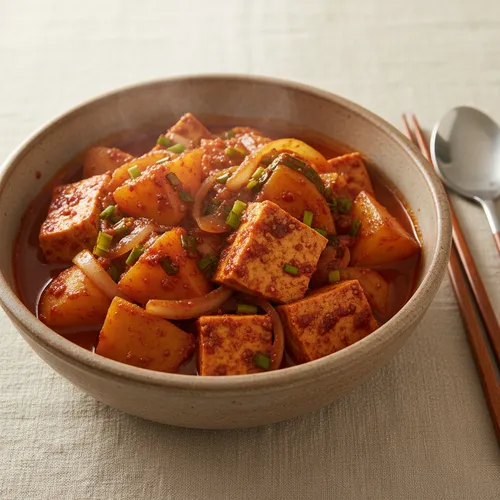 チェ・ガンロクのコチュジャン煮込みソースで作る豆腐とじゃがいもの煮物