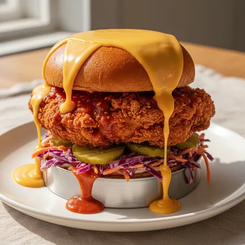 チーズたっぷりナッシュビルホットチキンバーガー