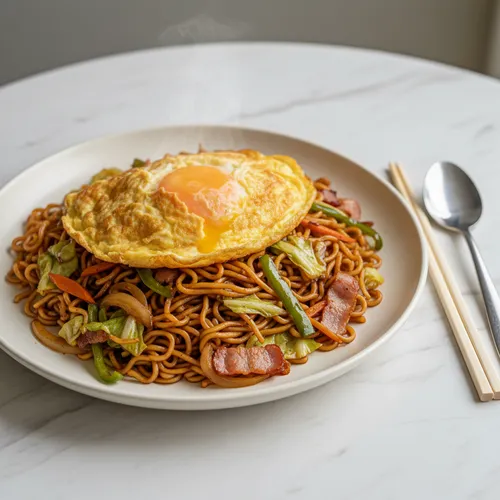 卵を添えた焼きそば