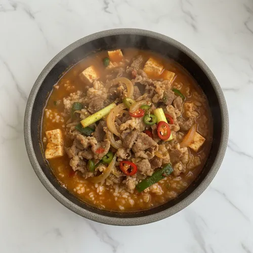 牛バラ薄切り肉のテンジャン（韓国味噌）スープご飯