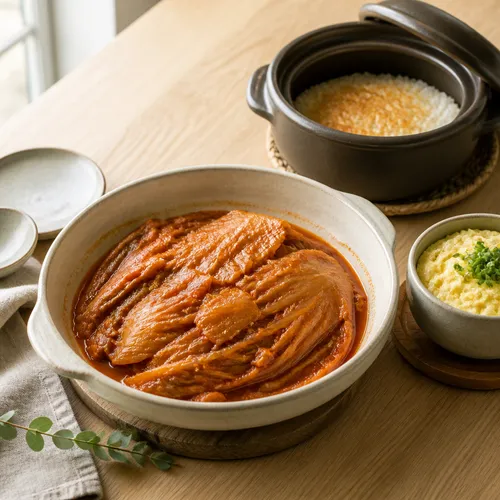 砂糖の代わりに梅シロップを使った肉なしのえごま油キムチ蒸しと釜飯