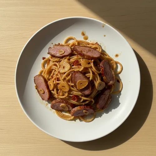 鴨の燻製とカタクチイワシの塩辛オイルパスタ
