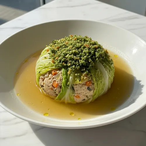 白菜で包んだ鶏肉とチキンコンソメ