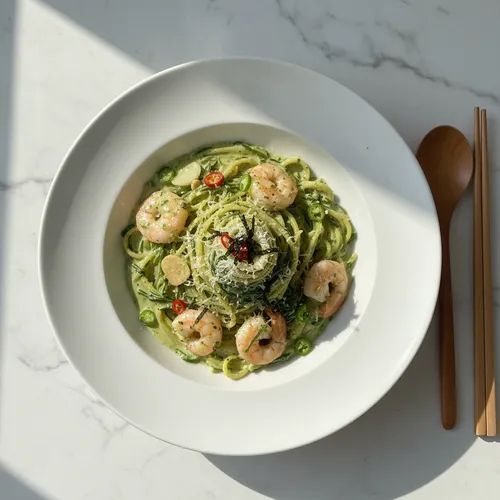 マッセンイとエビのクリームパスタ
