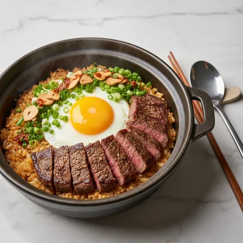牛肉ステーキの石焼ビビンバ風鍋ご飯