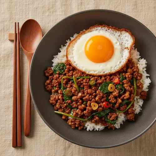 タイ風ほうれん草と豚肉のっけご飯
