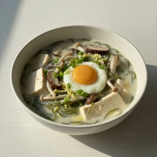 エゴマ豆腐とワカメ麺のスープ