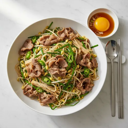 牛バラ薄切り肉ともやしの蒸し物