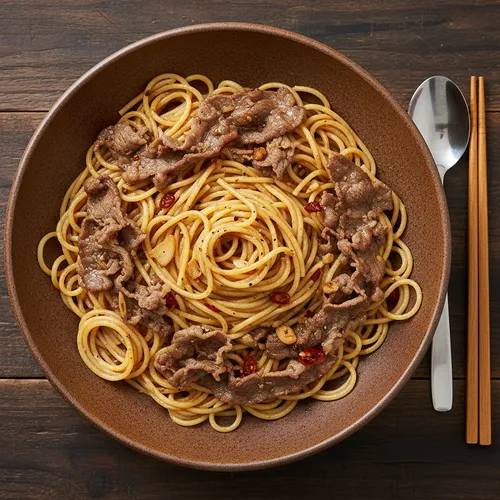 牛バラ薄切り肉のパスタ