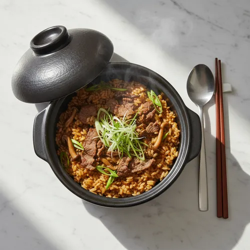 牛バラ薄切り肉とノビルの釜飯