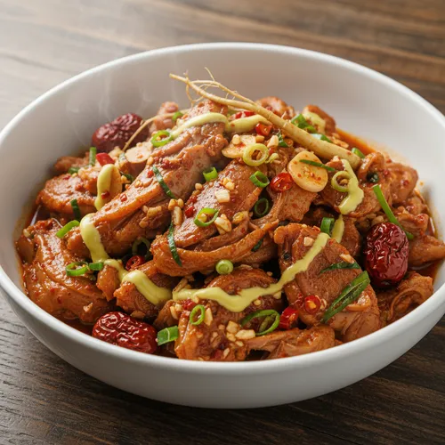ピリッと辛いからしソースを添えた滋養強壮の鴨肉の白湯煮