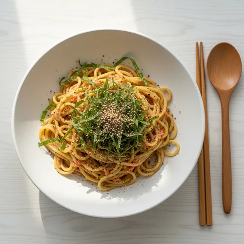 エゴマ油とエゴマの葉の明太子パスタ