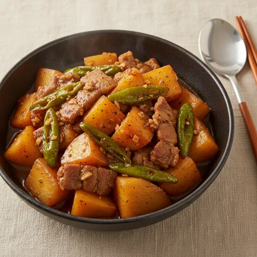 フュージョン豚肉とじゃがいもの煮物