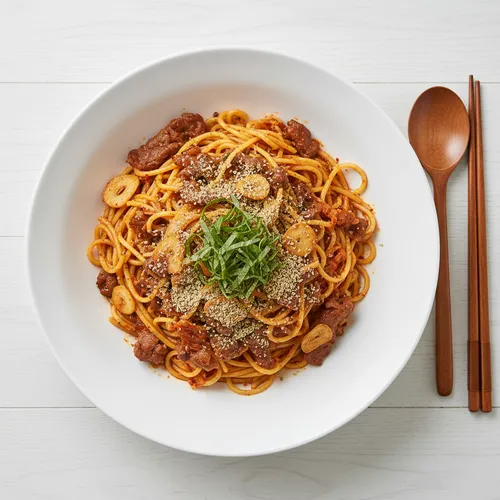 牛バラ薄切り肉とキムチのパスタ