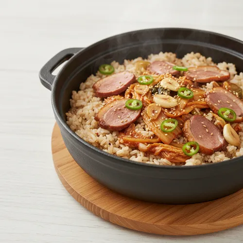 熟成キムチと鴨の燻製の釜飯