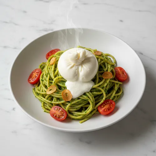 ブッラータチーズをのせたバジルペーストパスタ