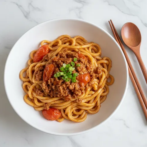 トマトと肉のソースかけ麺