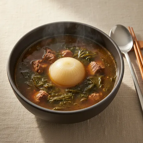 玉ねぎ丸ごとで深い味わいの牛肉ワカメスープ