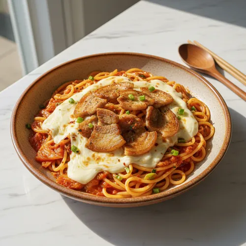 豚頬肉とキムチのトマトパスタ