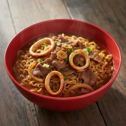 牛バラ薄切り肉とイカのチャンポンラーメン