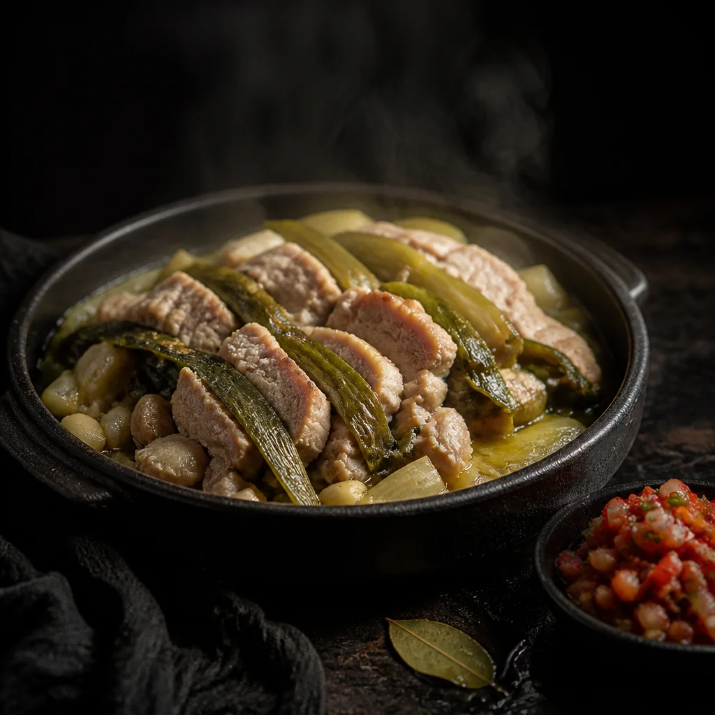 水を一滴も使わず肉汁たっぷりの無水長ねぎ豚バラ肉の蒸し煮とエビ塩和え
