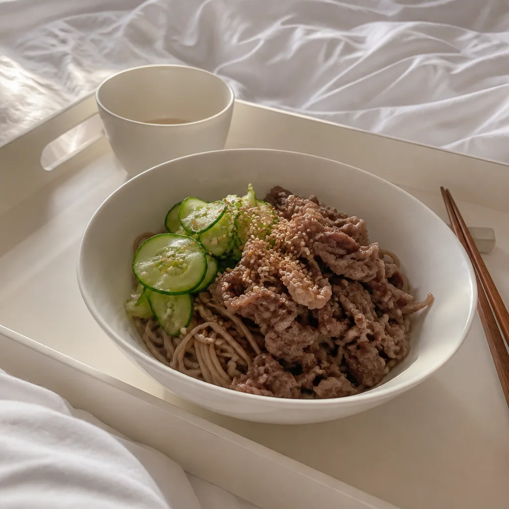 牛バラ薄切り肉ときゅうりのそば