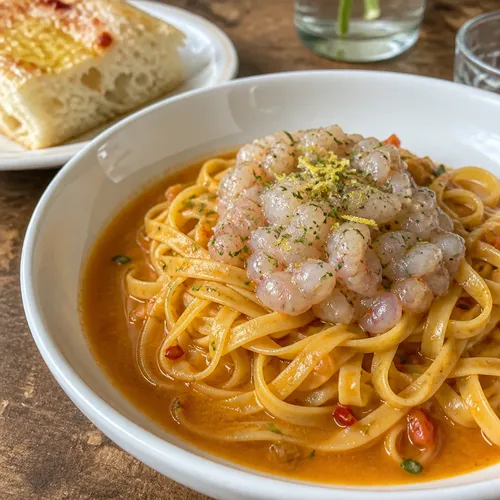 ガンベリ・ビオラ・ビスクパスタとエビのタルタル