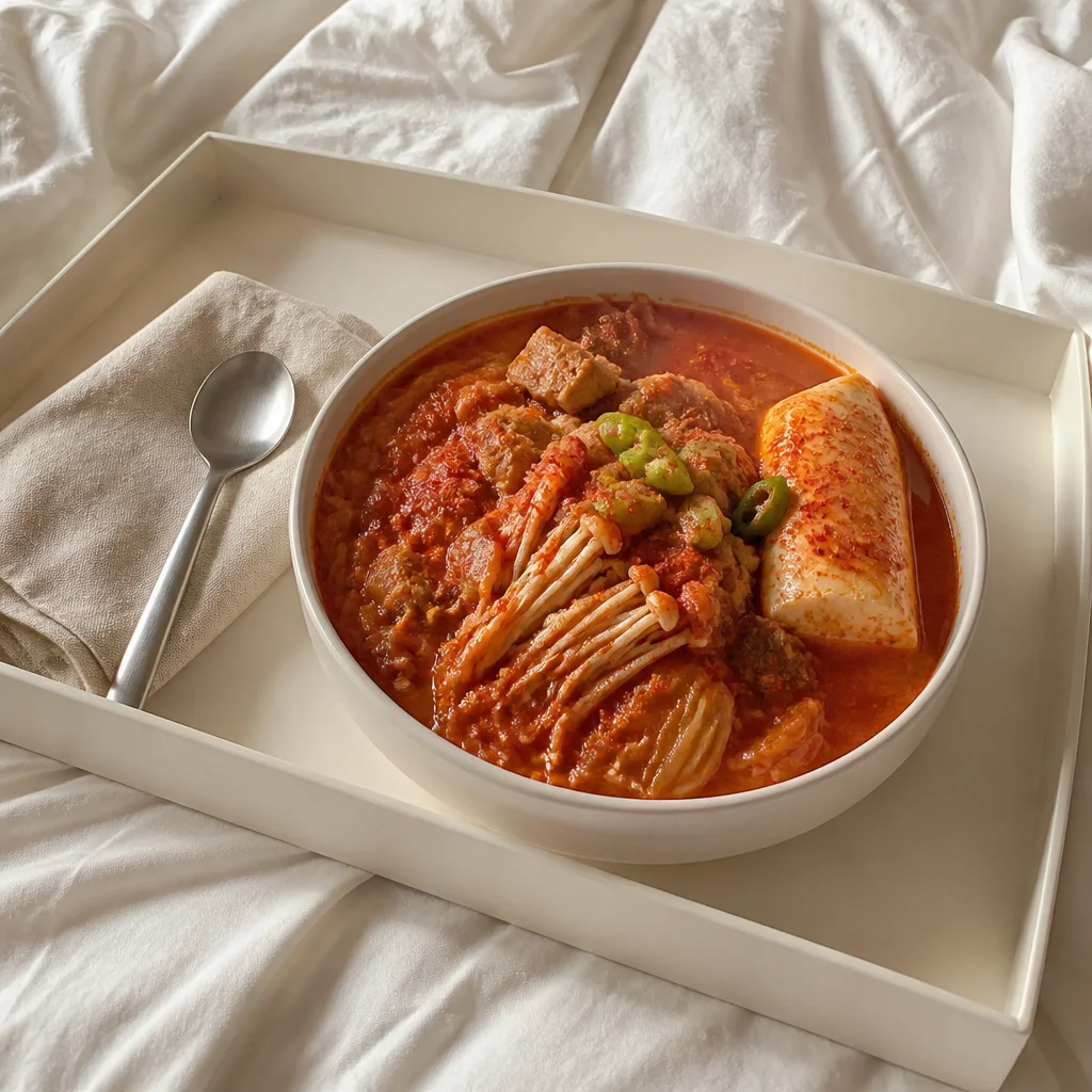 おぼろ豆腐とえのきの豚肩ロースキムチ蒸し