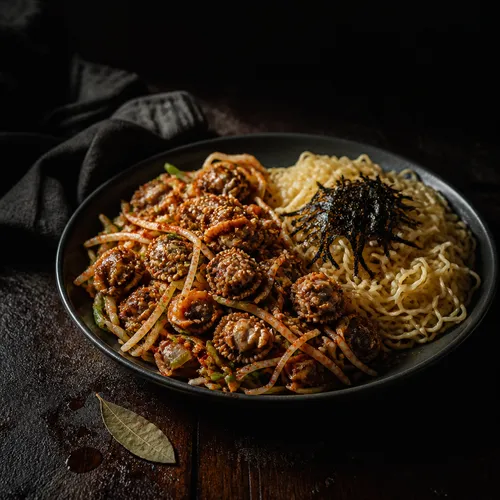 ピリ辛甘酢 アルコルベンイ和えとラーメン麺