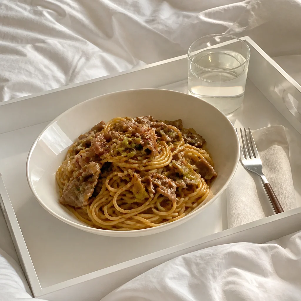 ピリ辛牛バラ薄切り肉パスタ