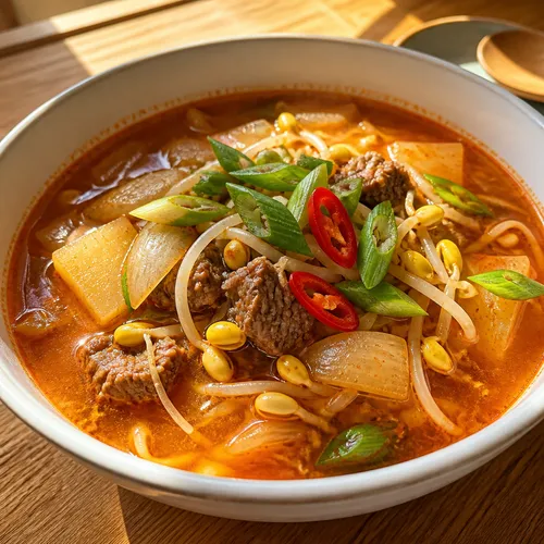 ピリ辛 牛肉と大豆もやしのスープ