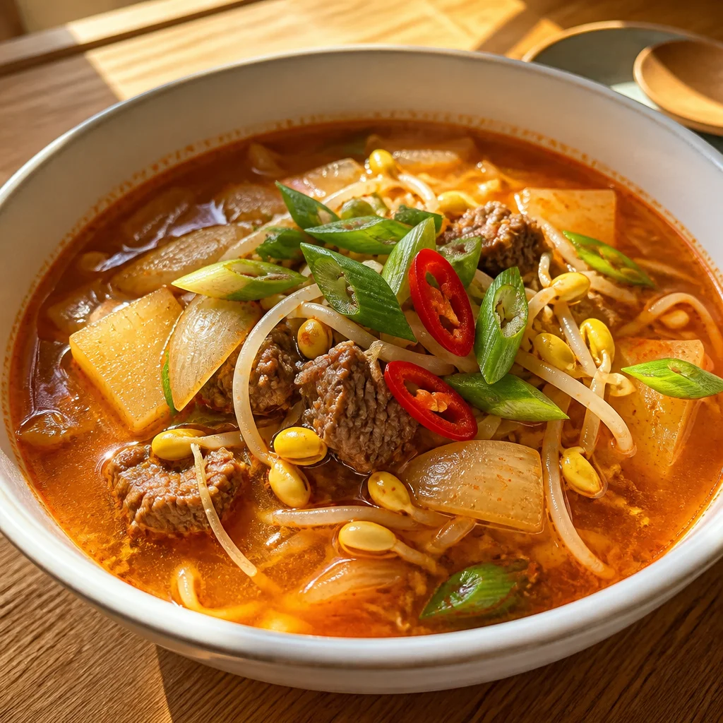 ピリ辛 牛肉と大豆もやしのスープ