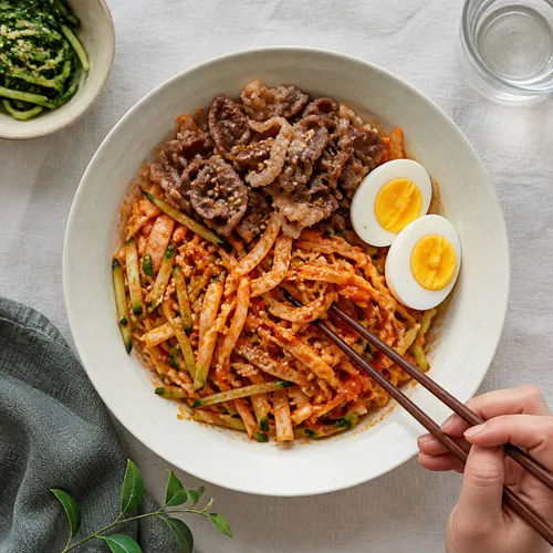 キャベツと牛バラ薄切り肉のビビン麺