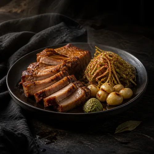 鍋で焼く豚バラ肉のブロック焼きと長ねぎの和え物