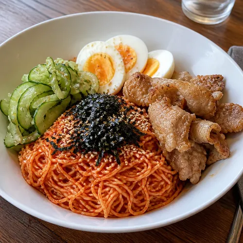 甘酸っぱいきゅうりのビビン麺と豚バラ薄切り肉