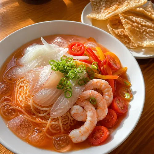 ユッチャンと冷麺（ゆず酢の和え麺とジャーキーの唐揚げ）