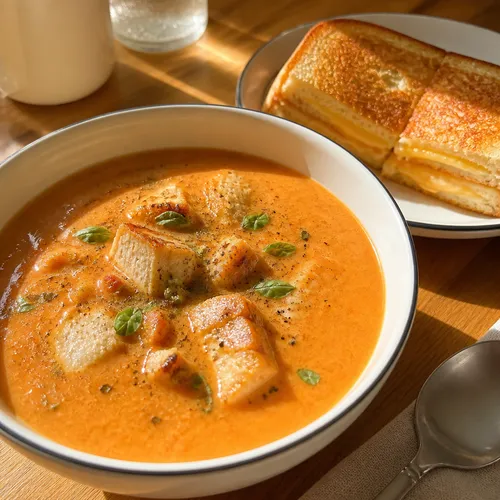 トマトチキンクリームスープとチーズサンドイッチ
