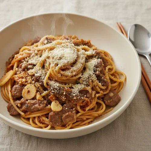 牛バラ薄切り肉と熟成キムチのパスタ