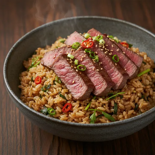 ステーキとセリの釜飯