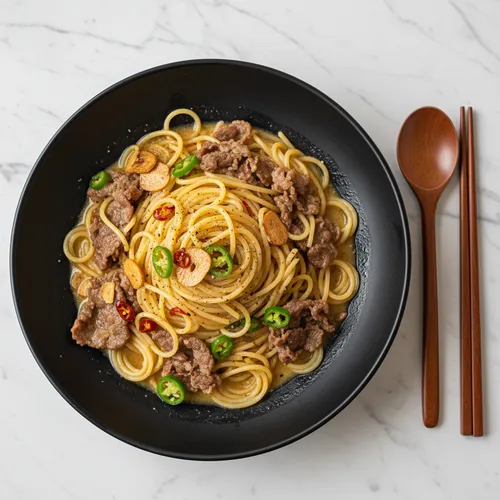 牛バラ薄切り肉のパスタ