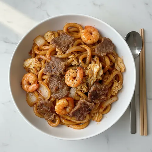 スパイシー牛バラ薄切り肉とえびの炒めうどん