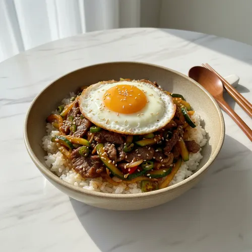 牛バラ薄切り肉と韓国かぼちゃの甘辛炒め丼